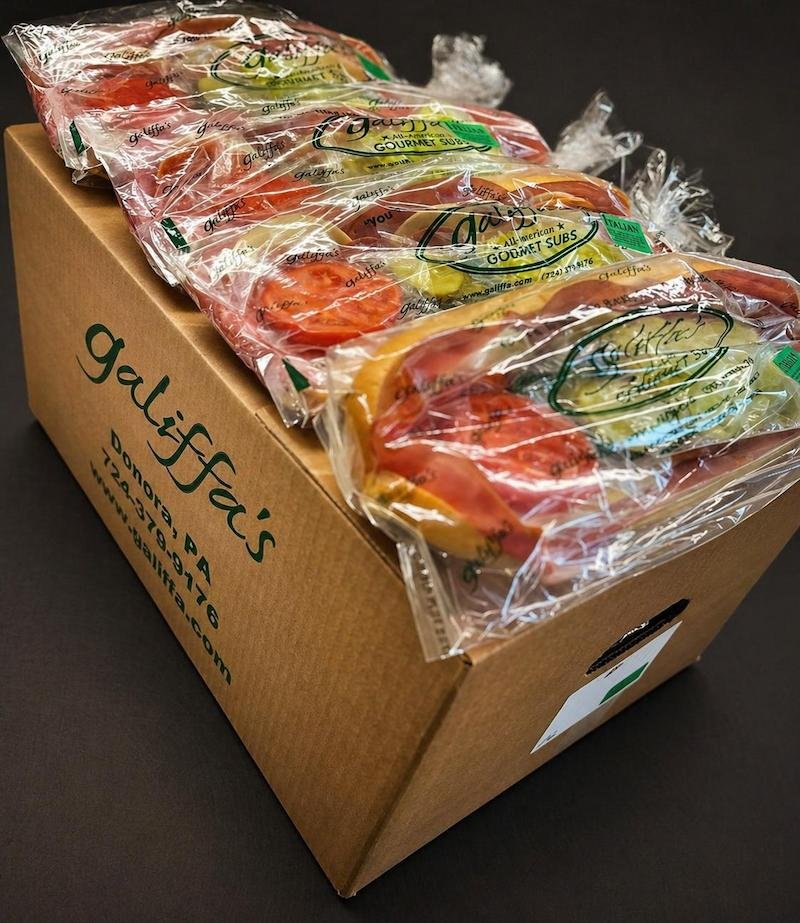 Galiffa's branded box packed with fresh gourmet subs ready for fundraiser delivery