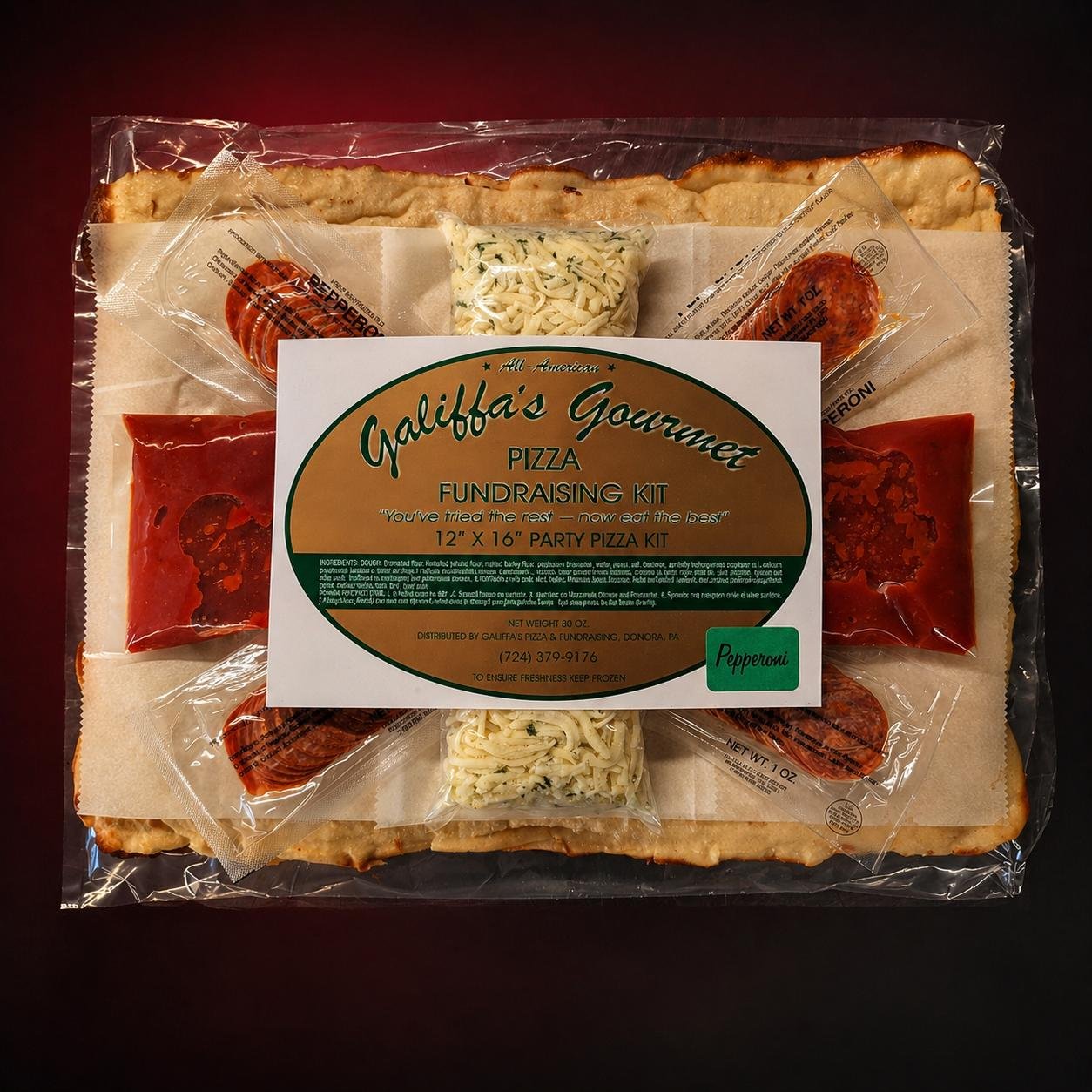 Galiffa's family and party size pizza kits with shells, sauce, cheese and pepperoni for fundraising
