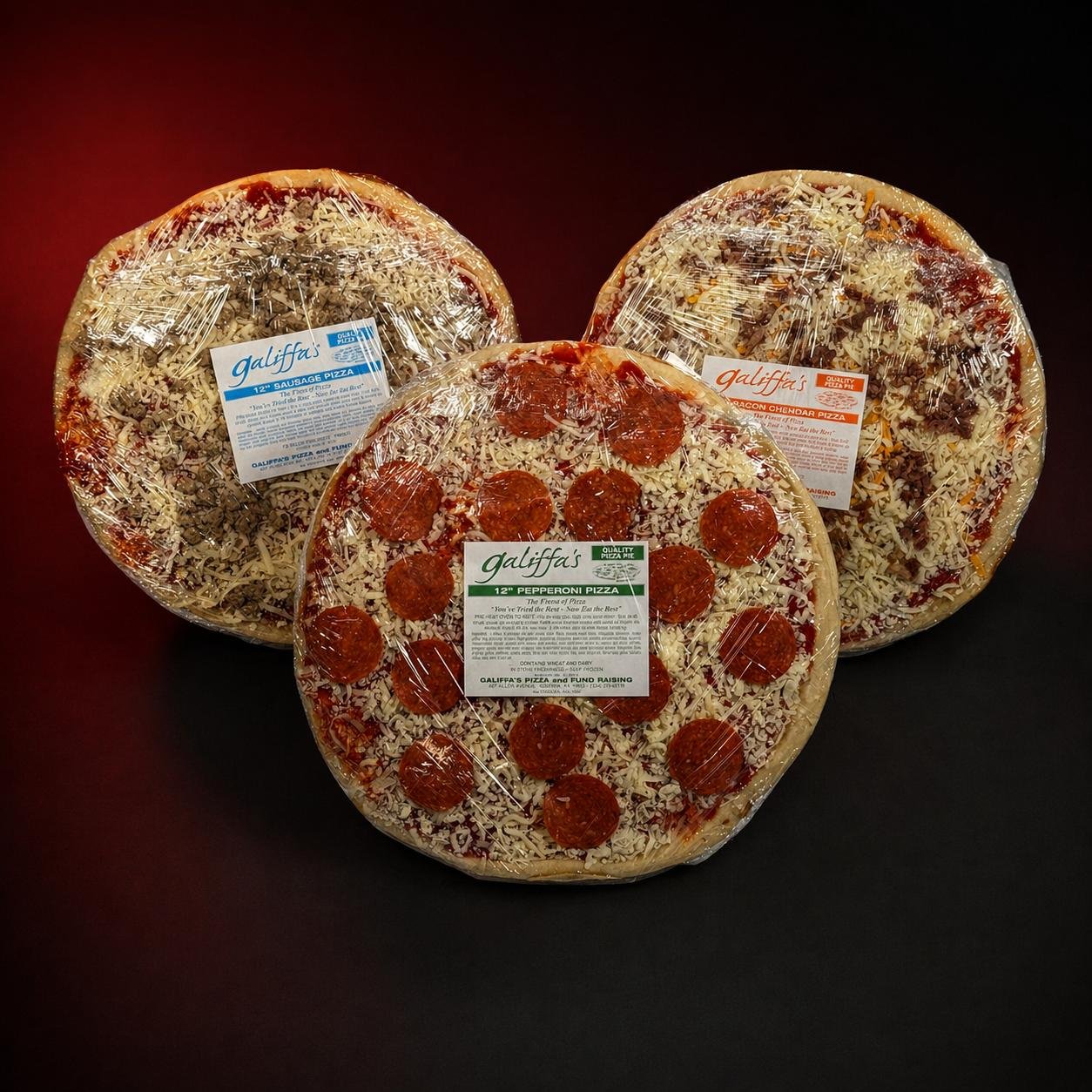 Galiffa's fresh readymade 12-inch fundraiser pizzas in multiple flavors including gluten-free